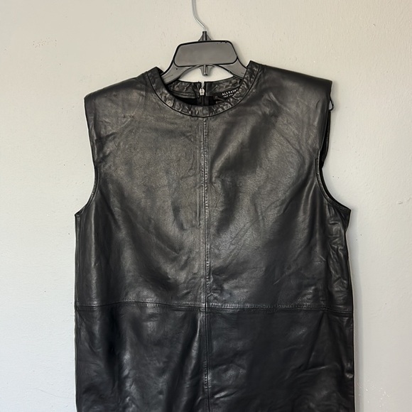 AllSaints Mika Padded Shoulder Leather shift mini dress, black, women’s size 4. - Picture 2 of 8